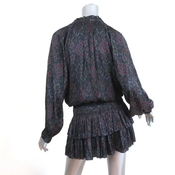 ULLA JOHNSON MINI DRESS PIERA CHARCOAL PRINTED PLEATED SATIN SIZE 2 LONG SLEEVE - Picture 5 of 8